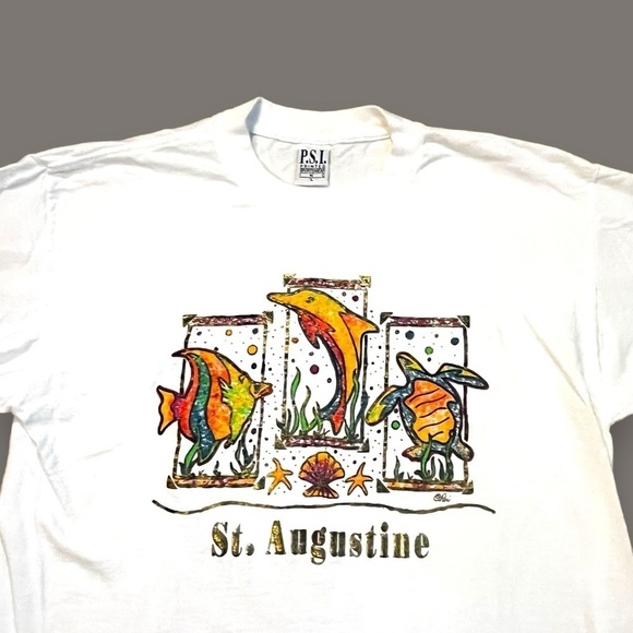 Vintage T-Shirt Puff Paint St Augustine Colorful Ocean Dolphin Turtle Fish Large - Picture 4 of 6